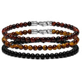 A set of beaded bracelets in silver, black, and brown colors, displayed in a triple stack configuration.