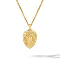 Gold necklace with a shield-shaped pendant on a white background