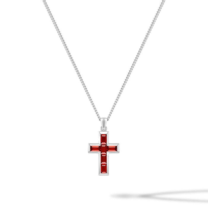 Silver cross pendant with red detailing on a white background
