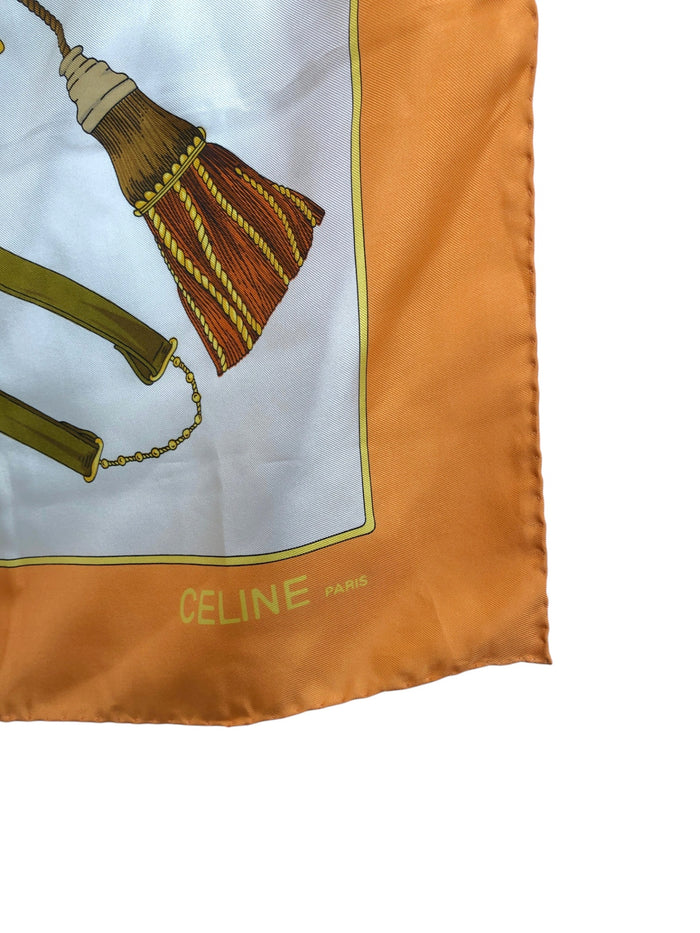 CELINE Tassel Motif Silk Scarf Orange Vintage hp533f