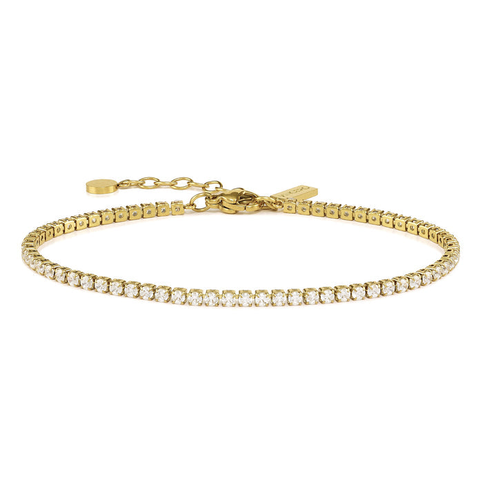 Gold bracelet with clear stones on a white background