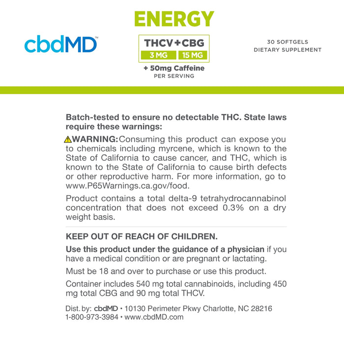 Product label with health warning, cannabinoid content, and usage instructions for softgels.