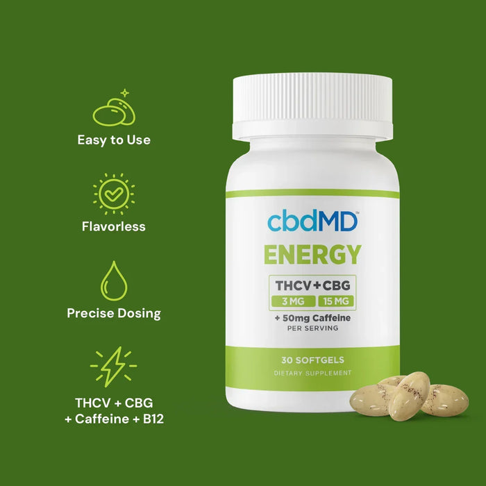 Energy softgels bottle labeled THCV, CBG, caffeine, B12 with softgels on green background