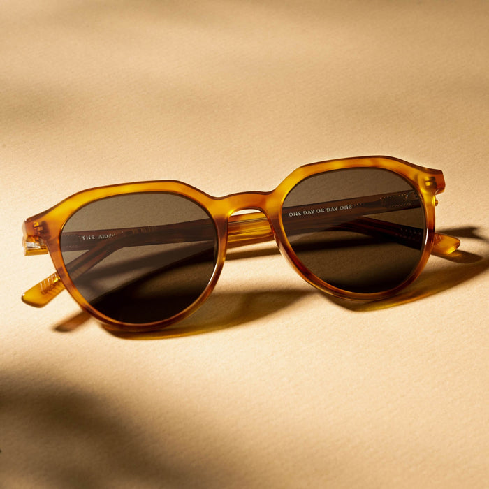 Sunglasses with tortoiseshell frame and dark lenses on a beige background