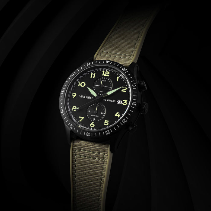 Watch with green strap and black dial on a dark background