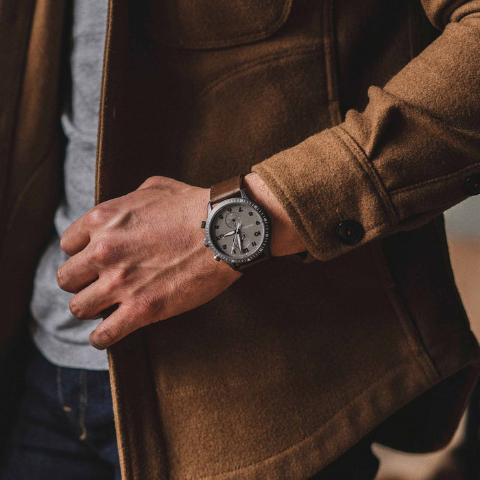 Person wearing a brown coat with a watch on their wrist, blurred background