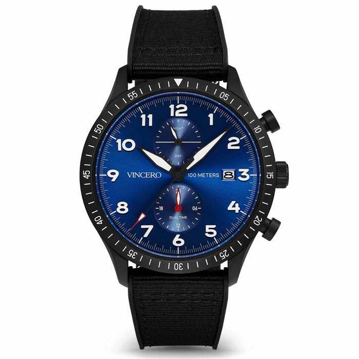 Black wristwatch with blue dial on a white background