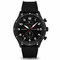 A black analog watch with a case diameter of 43mm, a sapphire crystal glass, and a black nylon strap, displaying a night sky motif with luminous hands and.indices.