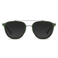 A pair of sunglasses with a green frame, gold accents, and black lenses.