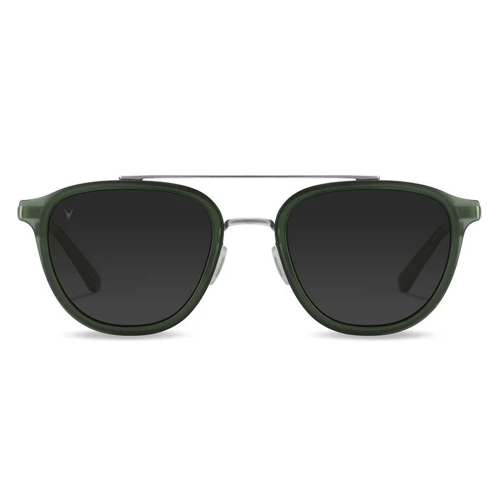 A pair of sunglasses with a green frame, gold accents, and black lenses.