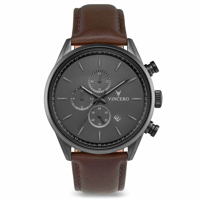 A gunmetal and walnut colored Chrono S2 watch with a leather strap and a chronograph display.