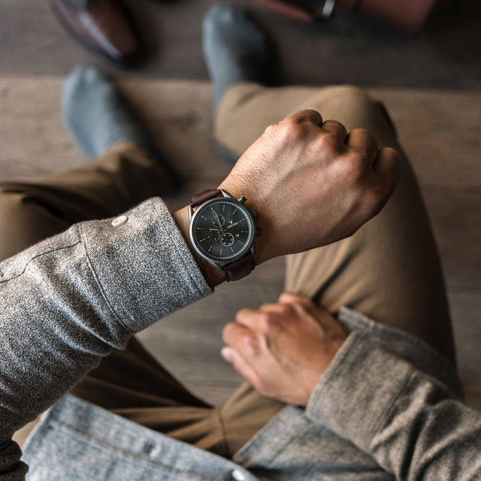 Gunmetal walnut watch on wrist