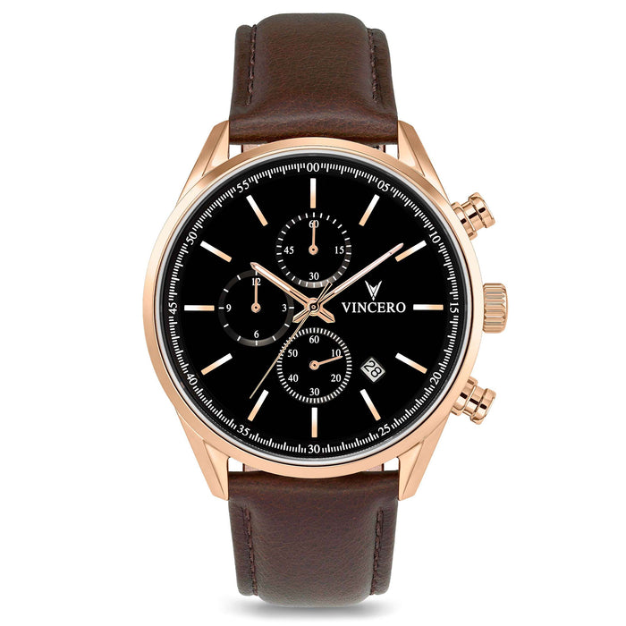 A rose gold Chrono S2 40mm watch with a black dial, brown leather strap, and silver case details.