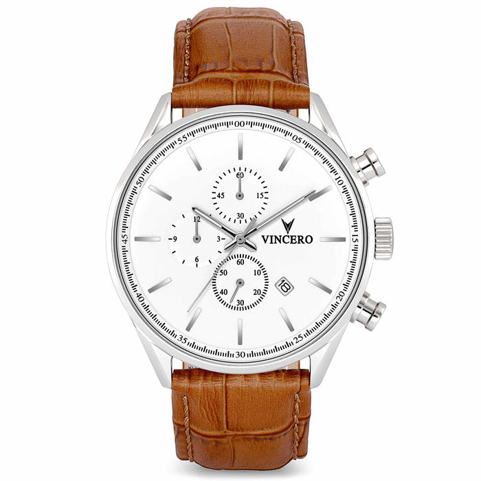 A silver Chrono S2 40mm watch with a tan leather strap and a white dial. The watch has a stainless steel case, a leather band, and a chronograph display.