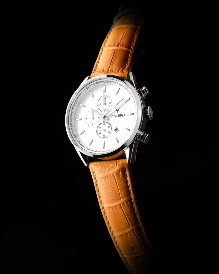 Chrono S Tan Croc Italian Leather Strap White Watch Face Silver Case Clasp Silver Accents