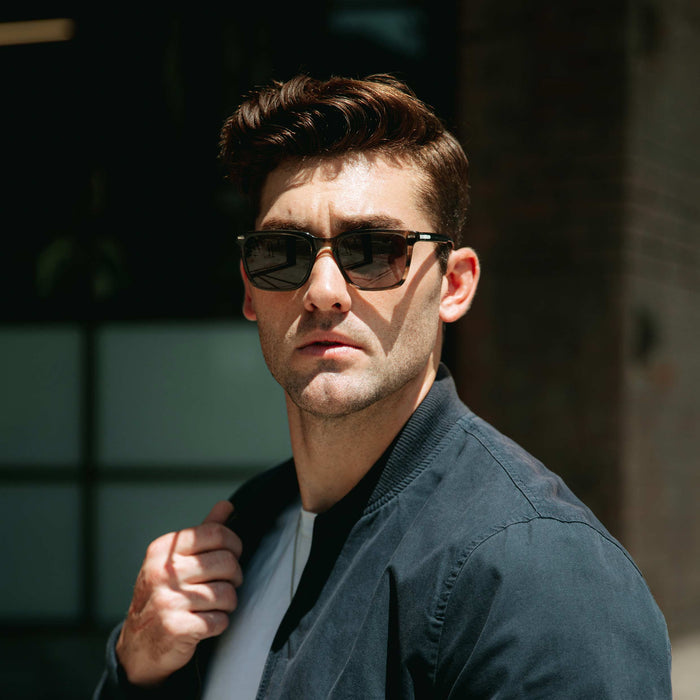 Man wearing sunglasses and a dark jacket against a blurred background