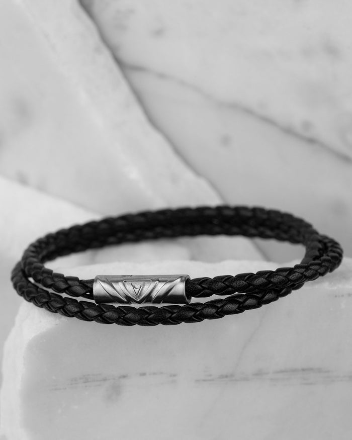 Men's Luxury Black Croc Italian Leather Single Braided Bracelet Strap Silver Clasp