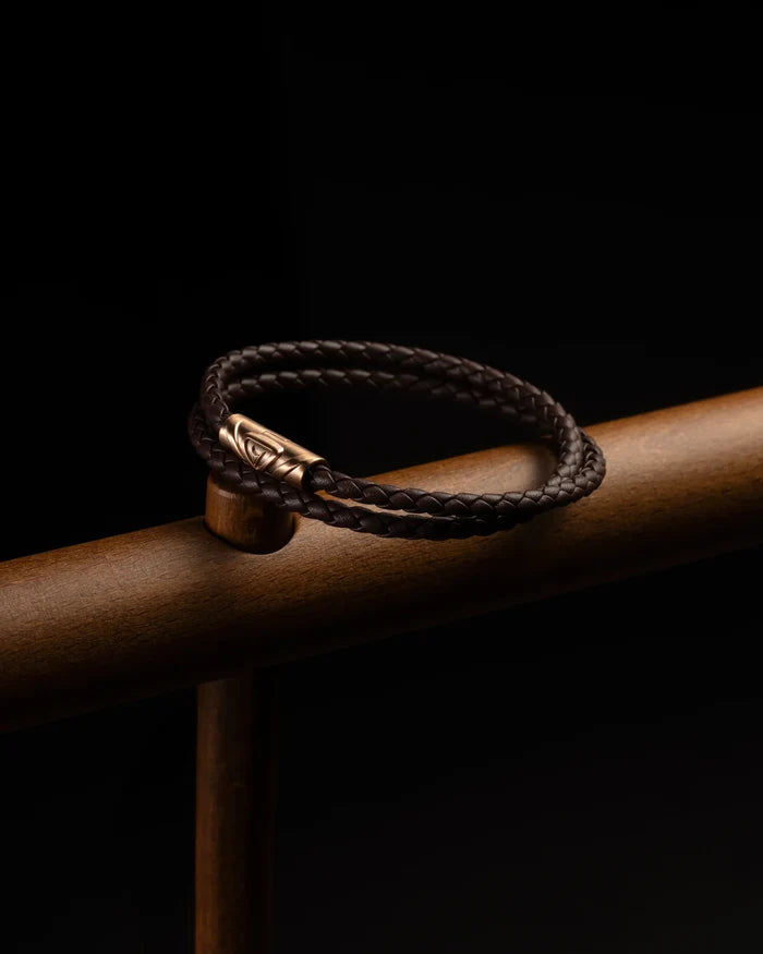 Men's Luxury Mocha Italian Leather Double Braided Bracelet Strap with a Rose Gold Clasp