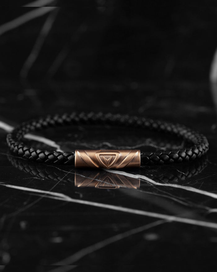 Men's Luxury Black Croc Italian Leather Single Braided Bracelet Strap Rose Gold Clasp