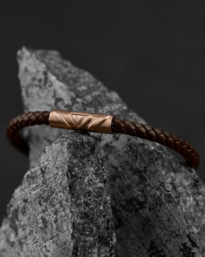 Men's Luxury Mocha Croc Italian Leather Single Braided Bracelet Strap Rose Gold Clasp