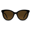 A pair of jet black, brown lens, cat-eye style sunglasses.