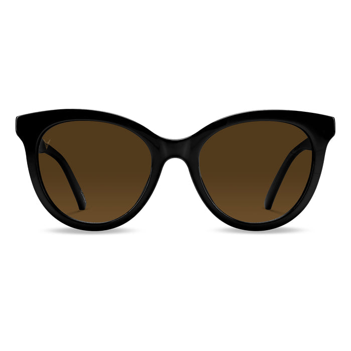 A pair of jet black, brown lens, cat-eye style sunglasses.