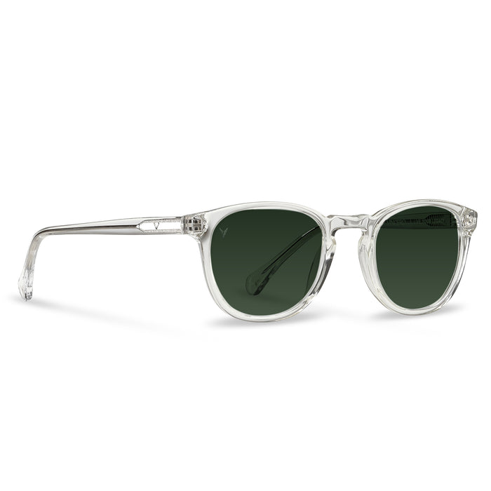 Sunglasses with transparent frame and dark lenses on a white background