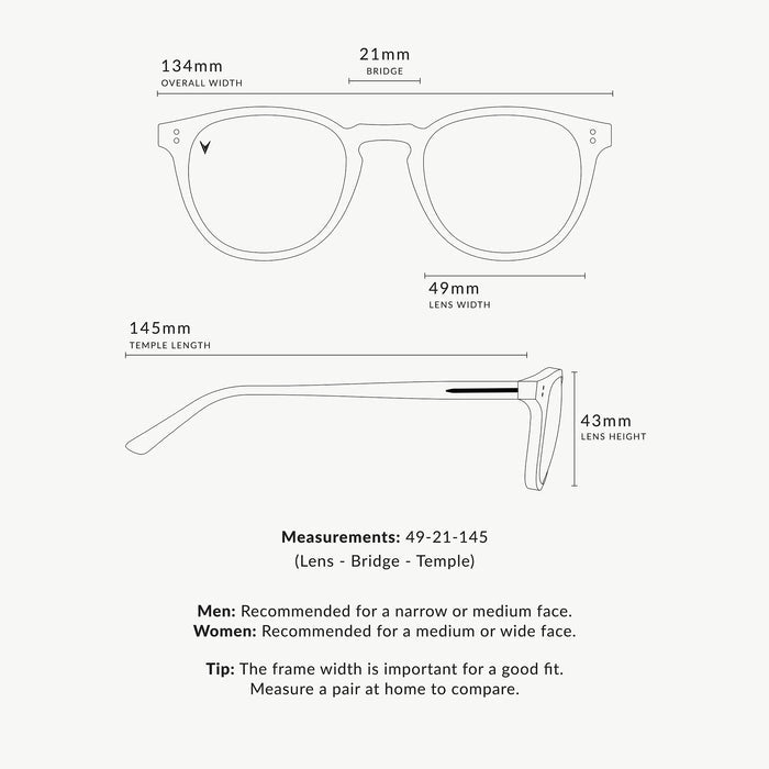 Glasses frame dimensions diagram on a white background