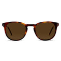 A pair of round full frame sunglasses with a patterned frame and tinted lenses.