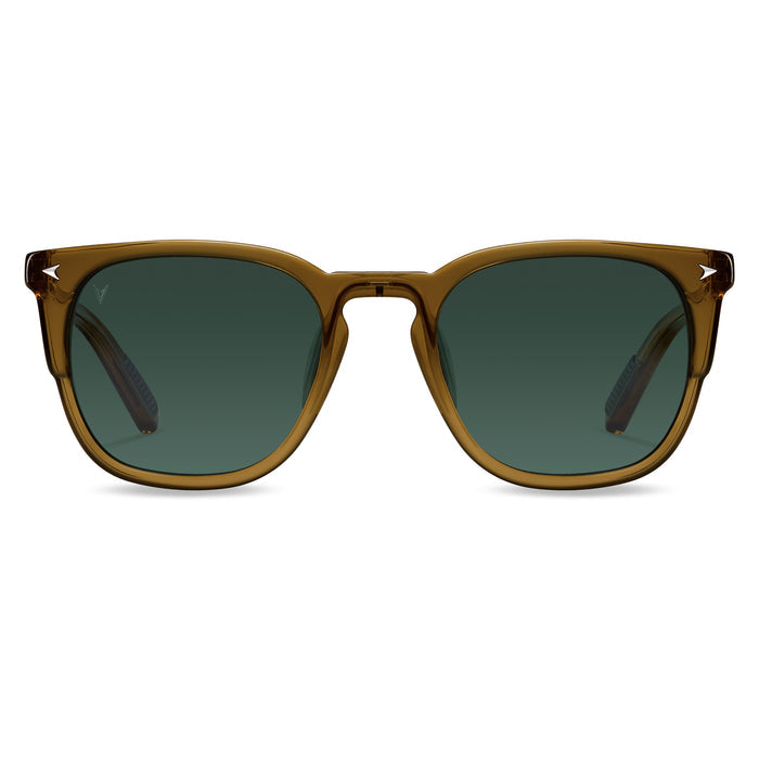 Brown sunglasses with dark lenses on a white background