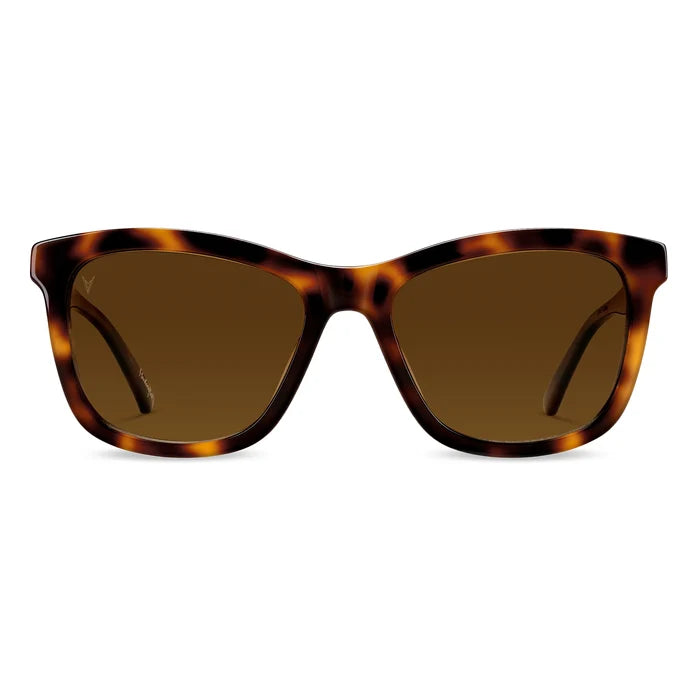A pair of rye tortoise acetate sunglasses with an oversized fit and amber gradient polarized lenses.