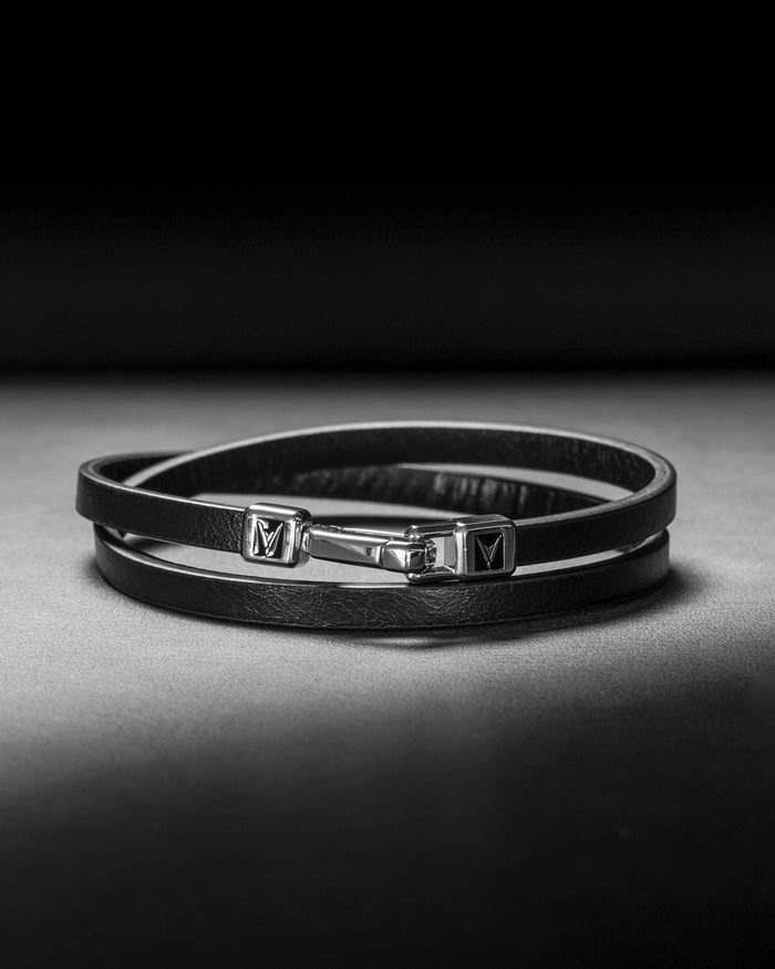 Men's Luxury Black Italian Leather Double Bracelet Strap with a Silver Magnetic Closure