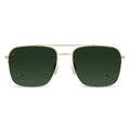 A pair of gold-colored navigator-style sunglasses with green lenses.