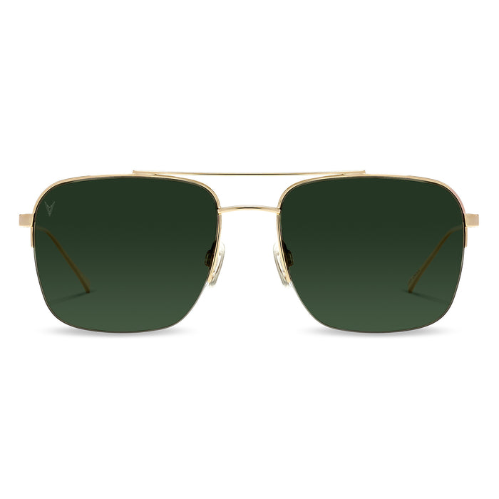 A pair of gold-colored navigator-style sunglasses with green lenses.