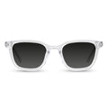 Clear frame sunglasses with dark lenses on a white background