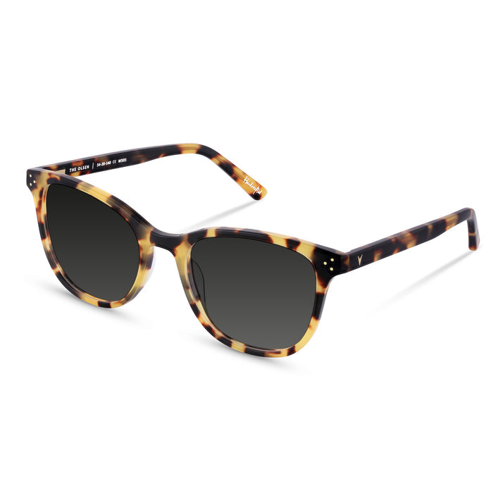 Sunglasses with tortoiseshell frame and dark lenses on a white background