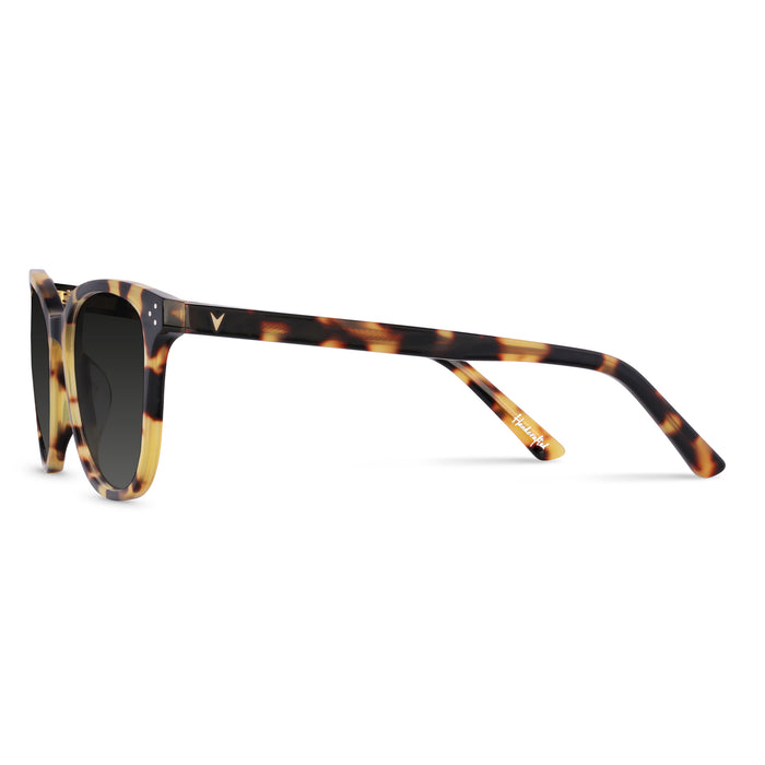 Sunglasses with tortoiseshell frame and dark lenses on a white background