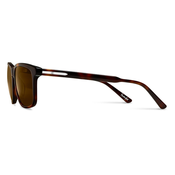 Sunglasses with tortoiseshell frame and brown lenses on a white background