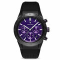 A silver and black Vincero watch with a purple dial and a black silicone strap.