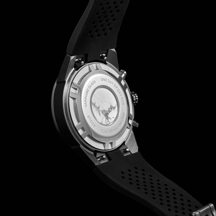 Close-up of a watch with a black strap and silver case on a white background