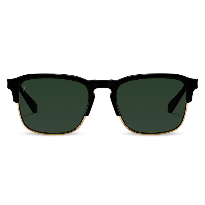 A pair of men's sunglasses with a sleek black frame and gold accents, featuring green tinted lenses.