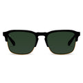 A pair of men's sunglasses with a sleek black frame and gold accents, featuring green tinted lenses.