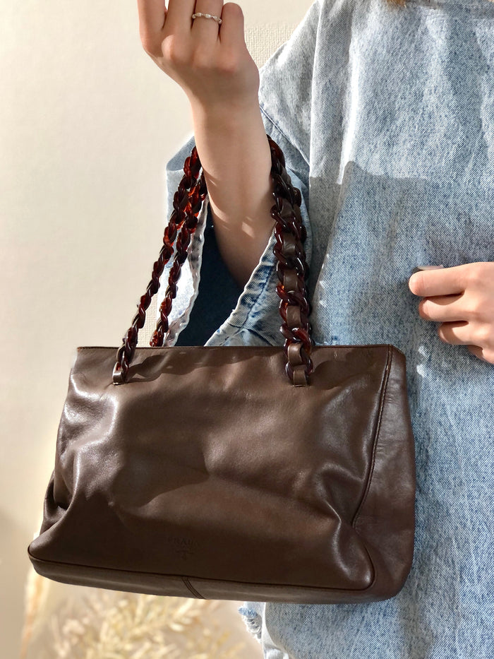 PRADA Tortoiseshell chain Handbag Totebag Brown Vintage Old tvmaz3