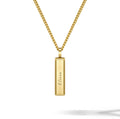 Gold necklace with a rectangular pendant on a white background