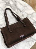 PRADA Triangle logo Metal clasp Tote bag Pig suede Brown Vintage Old x8twc6