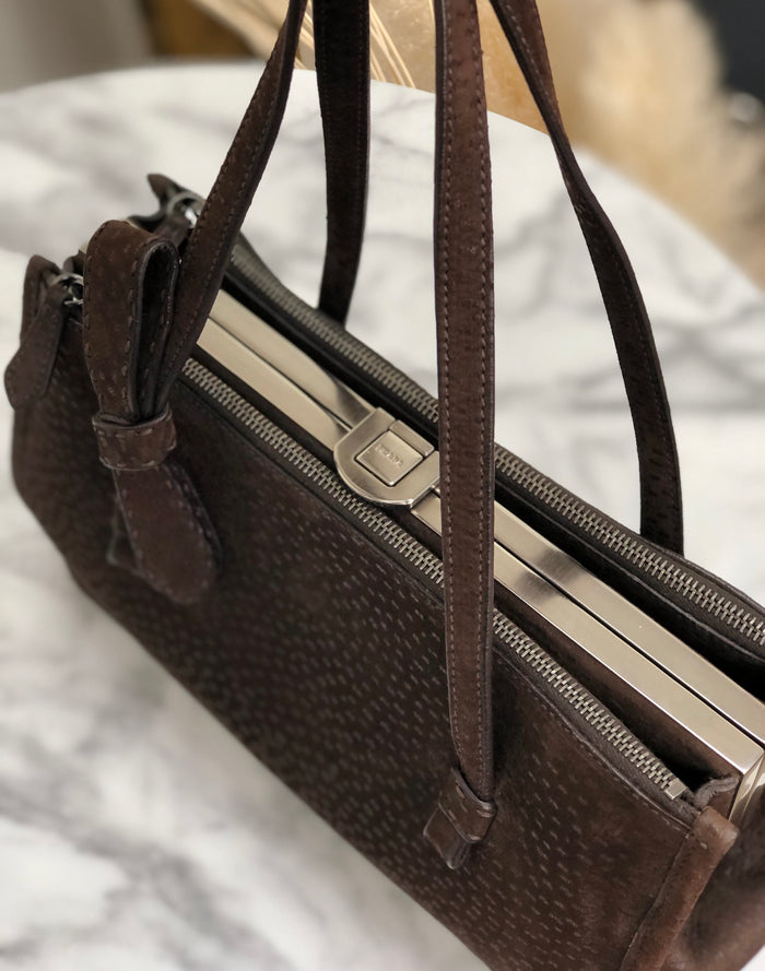 PRADA Triangle logo Metal clasp Tote bag Pig suede Brown Vintage Old x8twc6