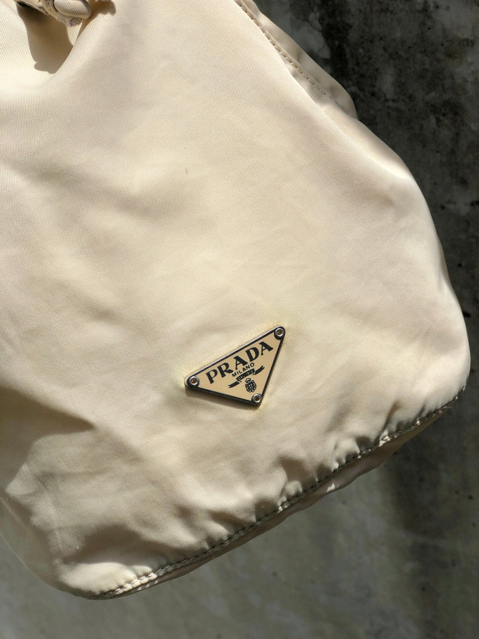 PRADA Triangle logo Nylon Drawstring Small Handbag Pouch Beige Vintage Old r5k777