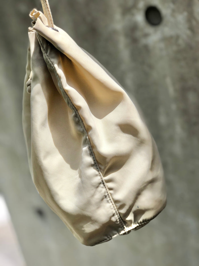 PRADA Triangle logo Nylon Drawstring Small Handbag Pouch Beige Vintage Old r5k777