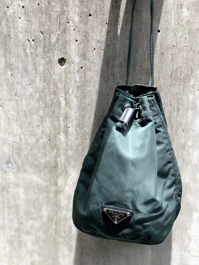 PRADA Triangle logo Nylon Drawstring Small Handbag Pouch Olive Green Vintage Old ytmp84