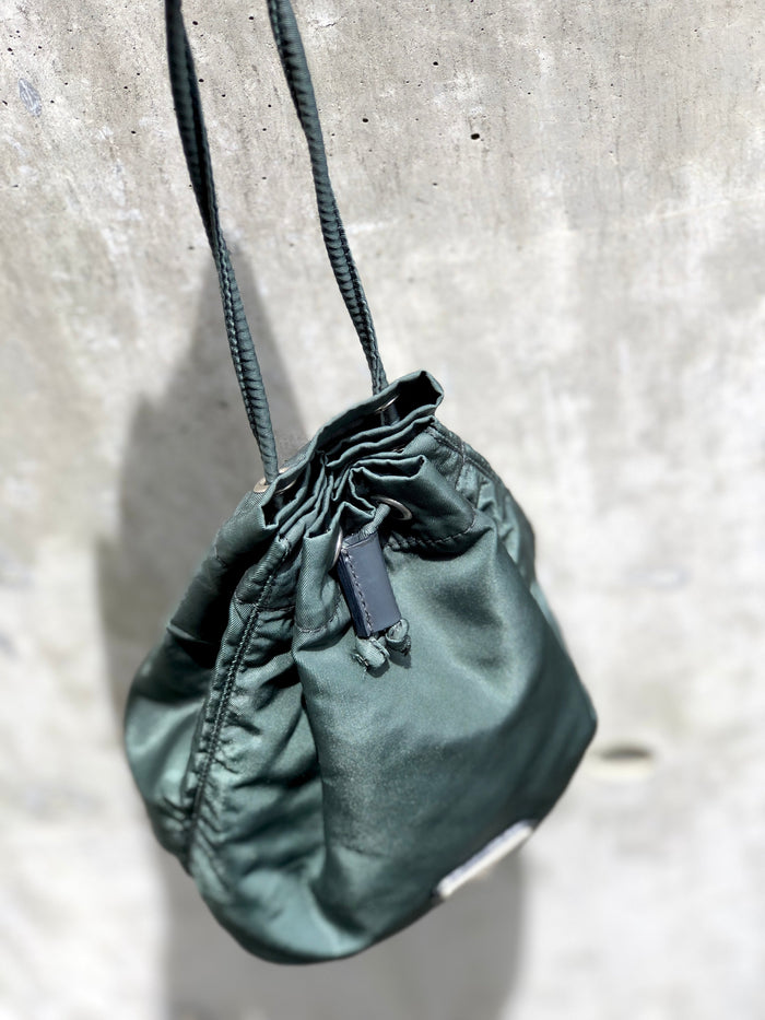 PRADA Triangle logo Nylon Drawstring Small Handbag Pouch Olive Green Vintage Old ytmp84